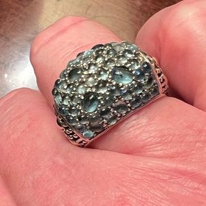 JOHN HARDY 925 SILVER 18 K JAISALMER COLORWAY BLUE TOPAZ RUTHENIUM DOME RING SZ8